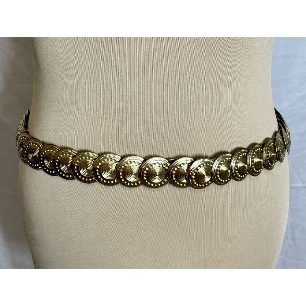 80's Metal Medallion Coin Concho Belt Gold Tone Women's Stretch Elastic Band